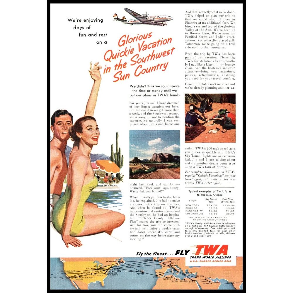 1953 TWA Airlines Quickie Vacation Southwest USA Vintage Print Ad Wall Art